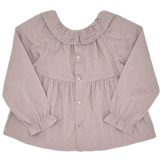 Blouse bébé taupe à col volanté Bonpoint, vue de dos, fille 24 mois