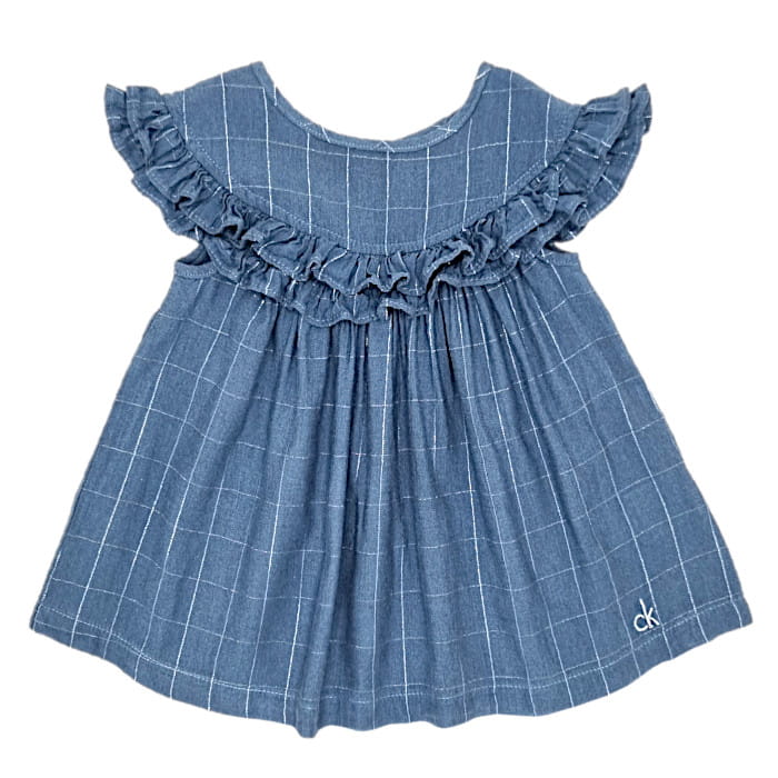 Blouse bleu grisé volantée, Calvin Klein, fille 18 mois, vue de face, vêtement bébé tendance, seconde main en excellent état