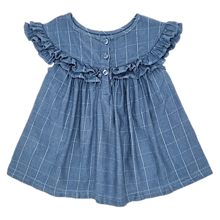 Blouse bleu grisé volantée, Calvin Klein, fille 18 mois, vue de dos, vêtement bébé tendance, seconde main en excellent état
