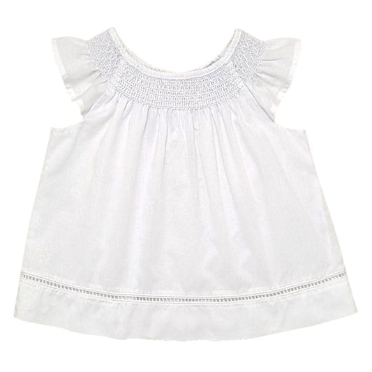 Blouse blanche smockée manches courtes, marque Ralph Lauren, pour bébé fille, vue de face, vêtement chic d'occasion