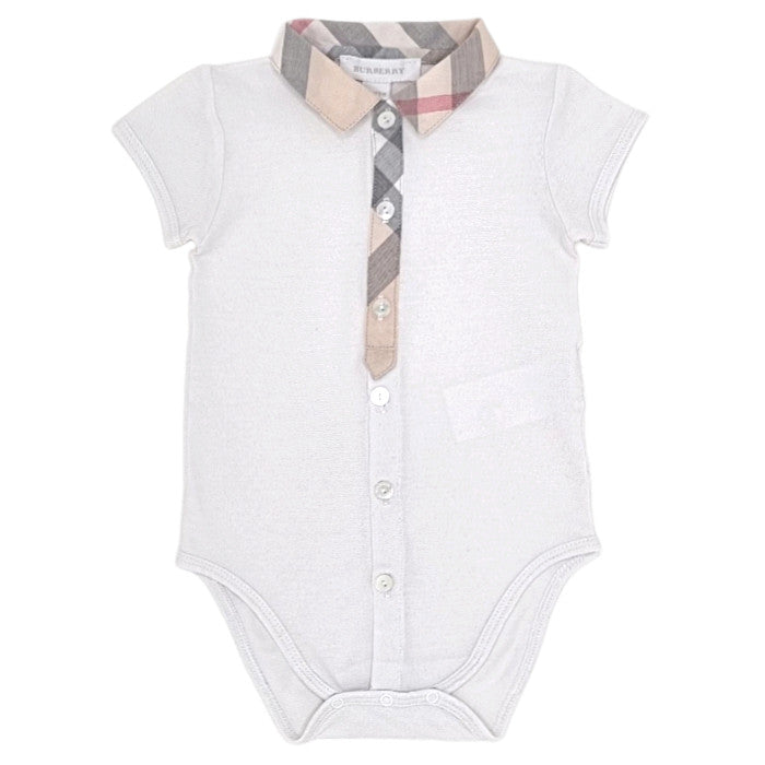 Body bébé garçon Burberry, blanc à col, taille 9 mois, seconde main luxe, vue de face