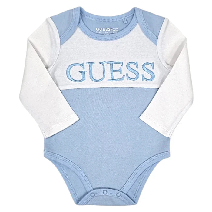 Body bébé garçon bleu/blanc brodé bicolore, taille 3-6 mois, marque Guess - seconde main premium