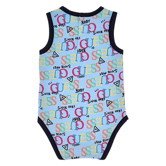 Body bébé bleu signature Guess, vue de dos, garçon 3-6 mois
