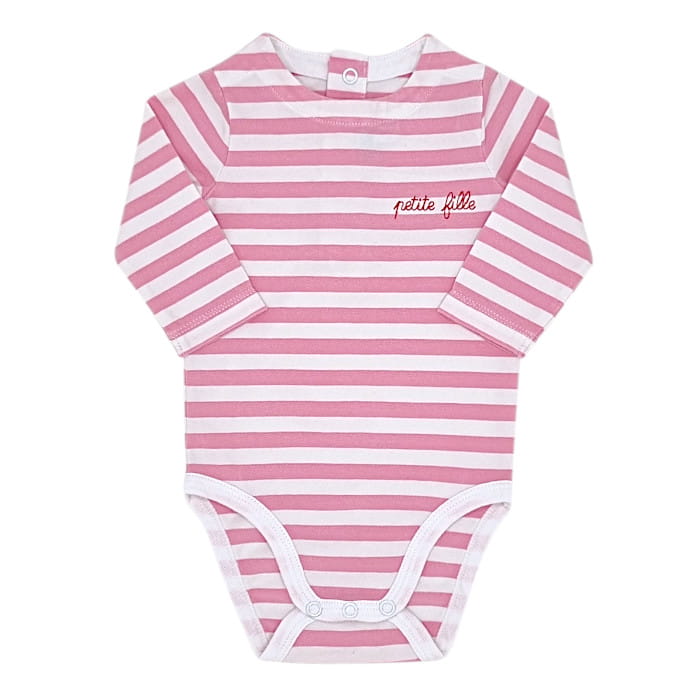 Body rose à rayures manches longues, fille 3 mois, vue de face, vêtement Jacadi bébé d'occasion, seconde main à petit prix