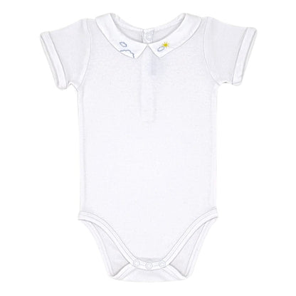 Body blanc col brodé, marque Jacadi, garçon 12 mois, vue de face, dressing bébé seconde main haut de gamme à petit prix