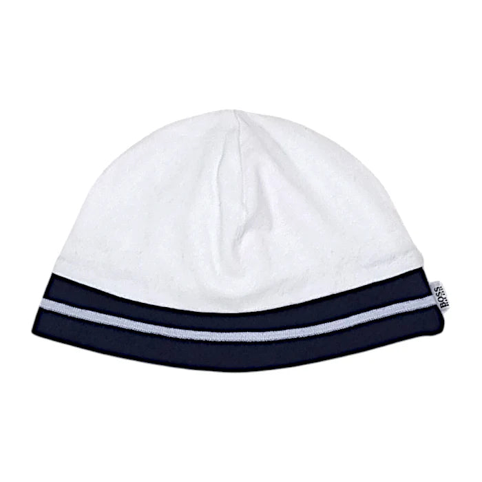 Bonnet de naissance bébé garçon blanc/marine finition rayée, taille 1 mois, marque Boss - seconde main haut de gamme