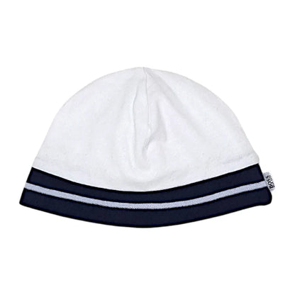 Bonnet de naissance bébé garçon blanc/marine finition rayée, taille 1 mois, marque Boss - seconde main haut de gamme
