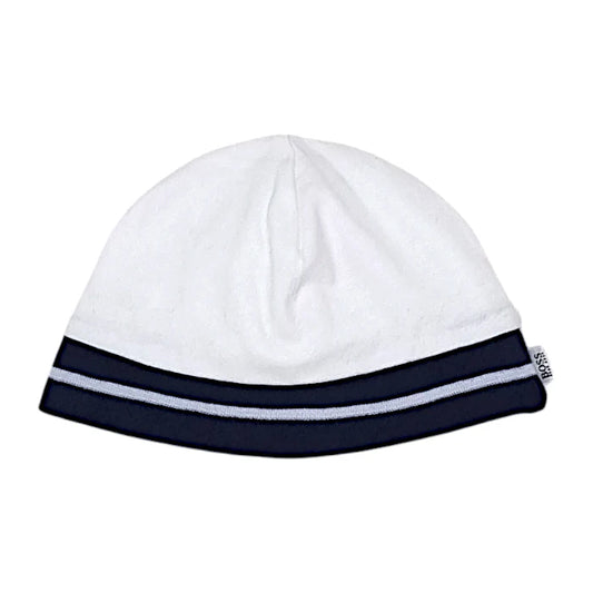 Bonnet de naissance bébé garçon blanc/marine finition rayée, taille 1 mois, marque Boss - seconde main haut de gamme