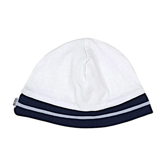Bonnet de naissance bébé garçon Boss 1 mois, blanc/marine, doublure en coton stretch