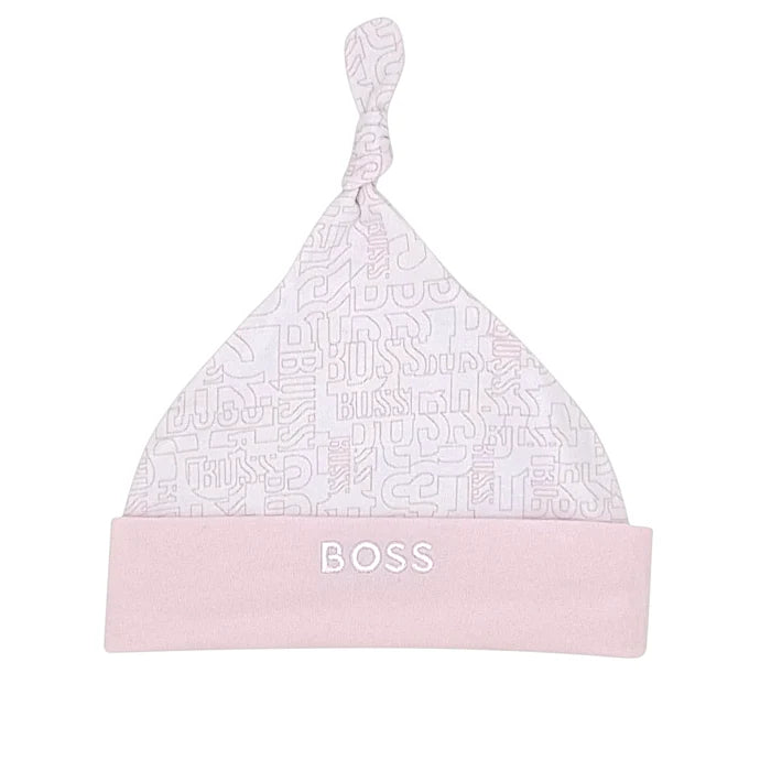 Bonnet de naissance bébé fille rose monogramme, taille 3 mois, marque Boss - seconde main haut de gamme