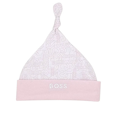 Bonnet de naissance bébé fille rose monogramme, taille 3 mois, marque Boss - seconde main haut de gamme