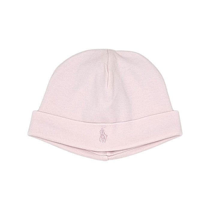 Bonnet de naissance bébé fille Ralph Lauren, rose logo Poney brodé, taille 0-9 mois, seconde main luxe, vue de face