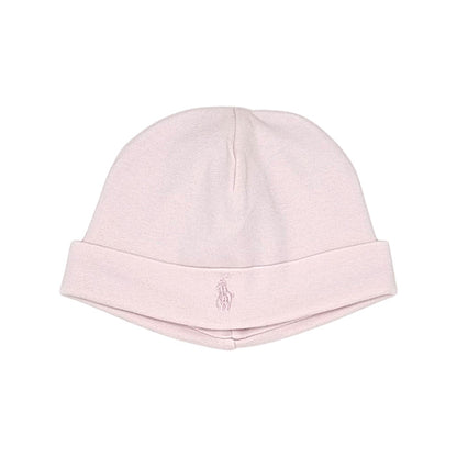 Bonnet de naissance bébé fille Ralph Lauren, rose logo Poney brodé, taille 0-9 mois, seconde main luxe, vue de face