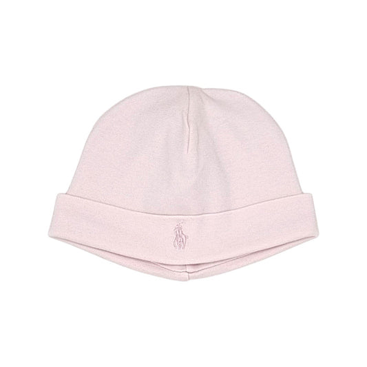 Bonnet de naissance bébé fille Ralph Lauren, rose logo Poney brodé, taille 0-9 mois, seconde main luxe, vue de face