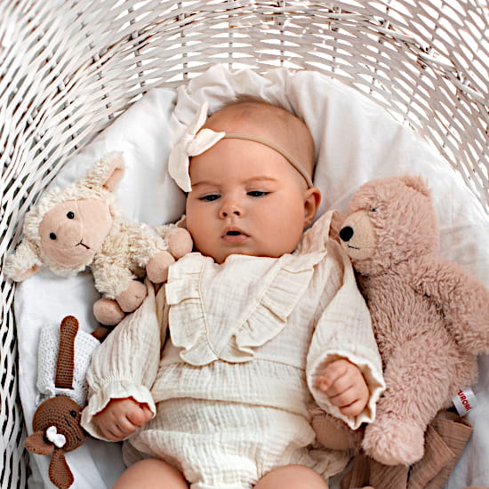Bébé fille dans un couffin avec doudous – Idée cadeau de naissance chic et luxe, tenue élégante en coton bio