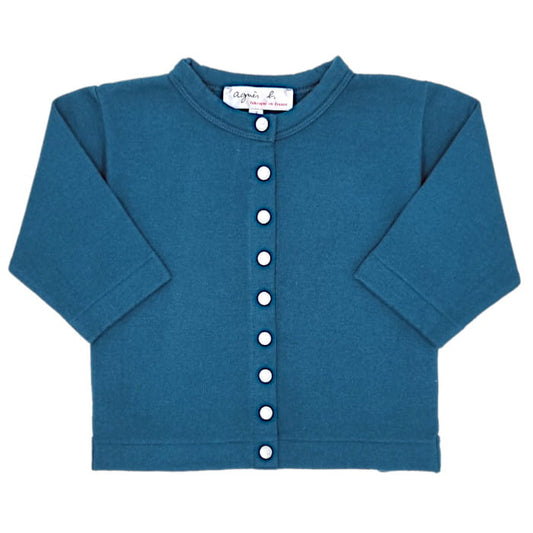 Cardigan pression bleu, Agnès B, pour fille 12 mois, vue de face, vêtement bébé seconde main