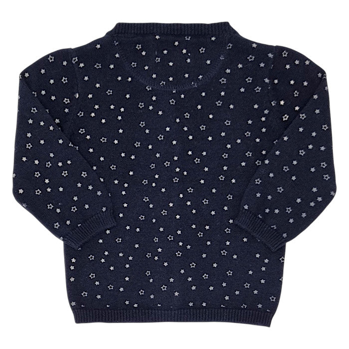 Cardigan bébé bleu marine motif étoiles IKKS, vue de dos, fille 3 mois