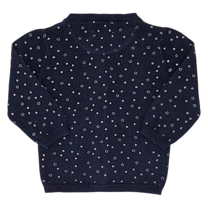 Cardigan bébé bleu marine motif étoiles IKKS, vue de dos, fille 3 mois
