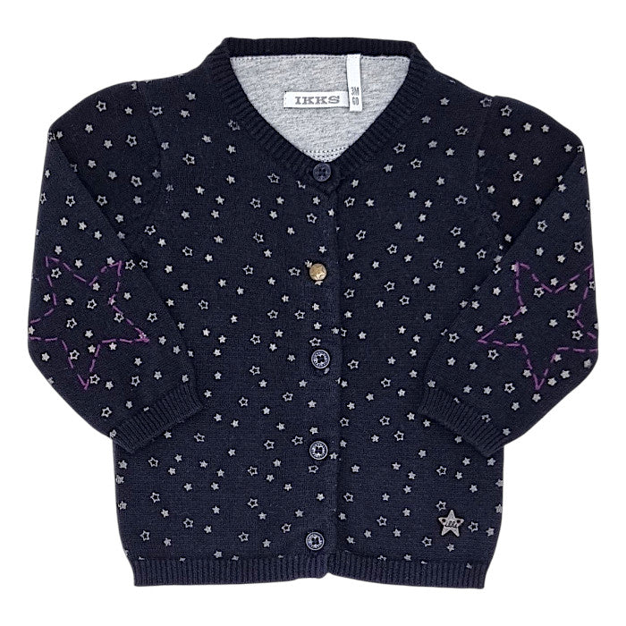 Cardigan bébé fille IKKS, bleu marine motif étoiles, taille 3 mois, seconde main premium, vue de face