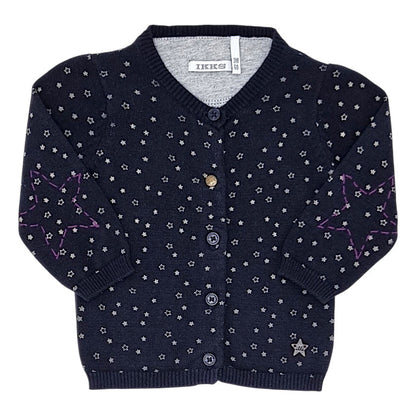 Cardigan bébé fille IKKS, bleu marine motif étoiles, taille 3 mois, seconde main premium, vue de face