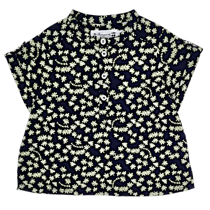 Chemise bébé fille Bonpoint, bleu marine motif floral, taille 6 mois, seconde main haut de gamme, vue de face