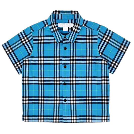 Chemise bleue à carreaux, Burberry, bébé garçon 12 mois, vue de face, vêtement de marque luxe d'occasion en état impeccable