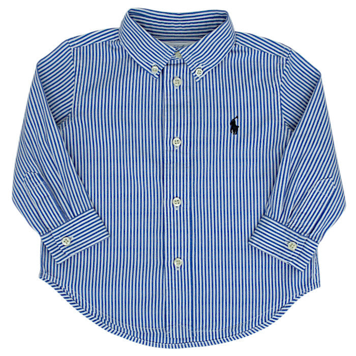 Chemise bébé garçon bleu/blanc en coton, taille 12 mois, marque Ralph Lauren - seconde main luxe