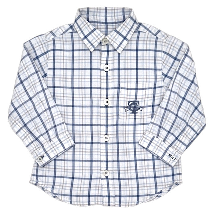 Chemise bébé garçon Tartine et Chocolat, blanc/bleu à carreaux, taille 12 mois, seconde main haut de gamme, vue de face
