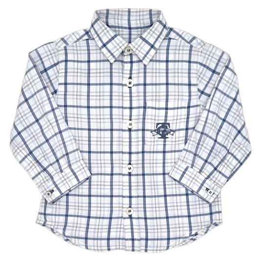 Chemise bébé garçon Tartine et Chocolat, blanc/bleu à carreaux, taille 12 mois, seconde main haut de gamme, vue de face