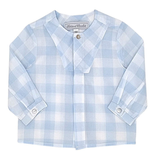 Chemise à carreaux bleue, Tartine et Chocolat, 9 mois, vue de face, vêtement bébé garçon marque chic, seconde main haut de gamme