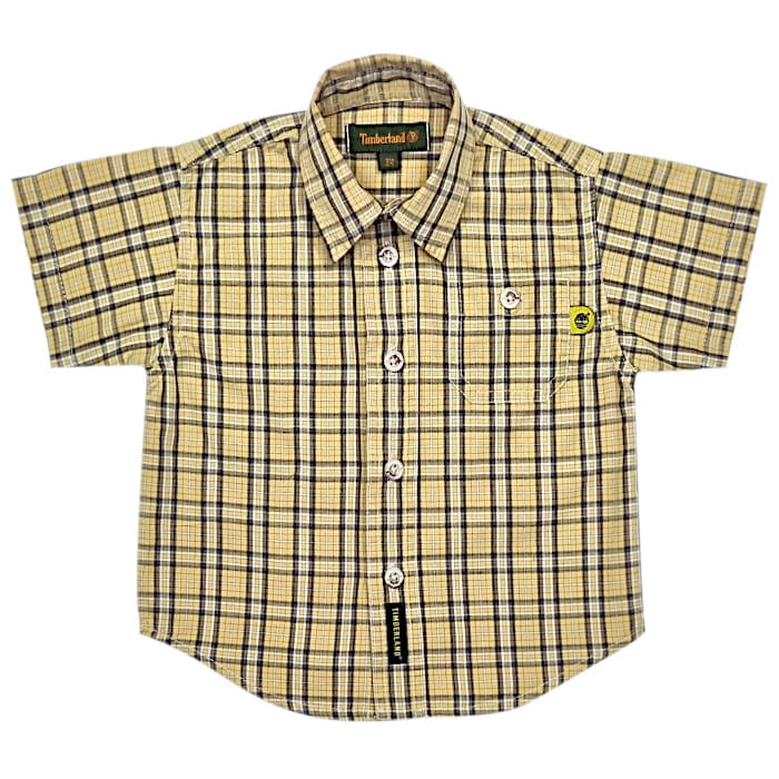 Chemise à carreaux jaune, marque Timberland, pour bébé garçon 3 mois, vue de face, vêtement casual d'occasion