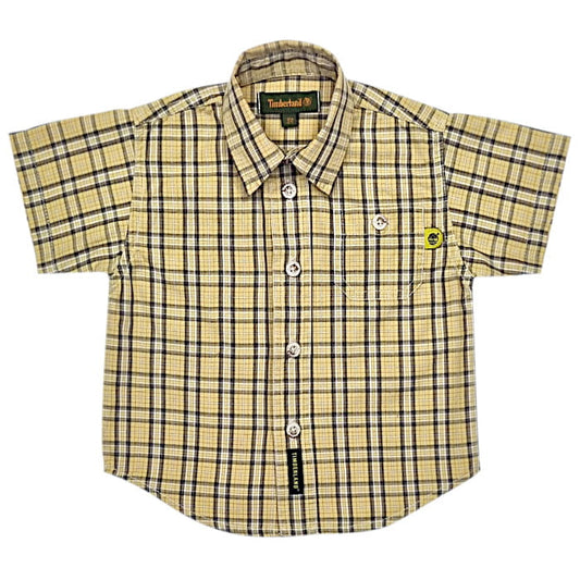 Chemise à carreaux jaune, marque Timberland, pour bébé garçon 3 mois, vue de face, vêtement casual d'occasion