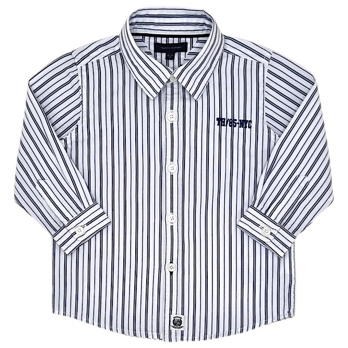 Chemise bébé garçon Tommy Hilfiger, blanc/bleu à rayures, taille 18-24 mois, seconde main luxe, vue de face