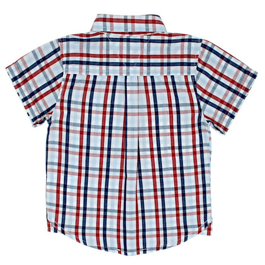 Chemise bébé bleu/rouge manches courtes Tommy Hilfiger, vue de dos, garçon 18 mois