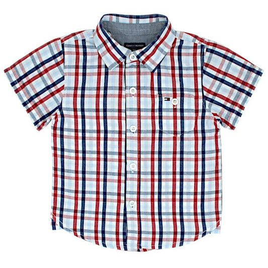 Chemise bébé garçon Tommy Hilfiger Kids, bleu/rouge manches courtes, taille 18 mois, seconde main luxe, vue de face