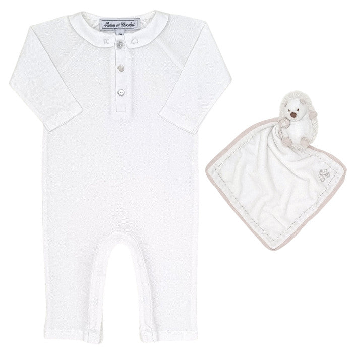 Coffret de naissance bébé blanc/écru, combinaison et doudou Tartine et Chocolat, vue de face, mixte 6 mois
