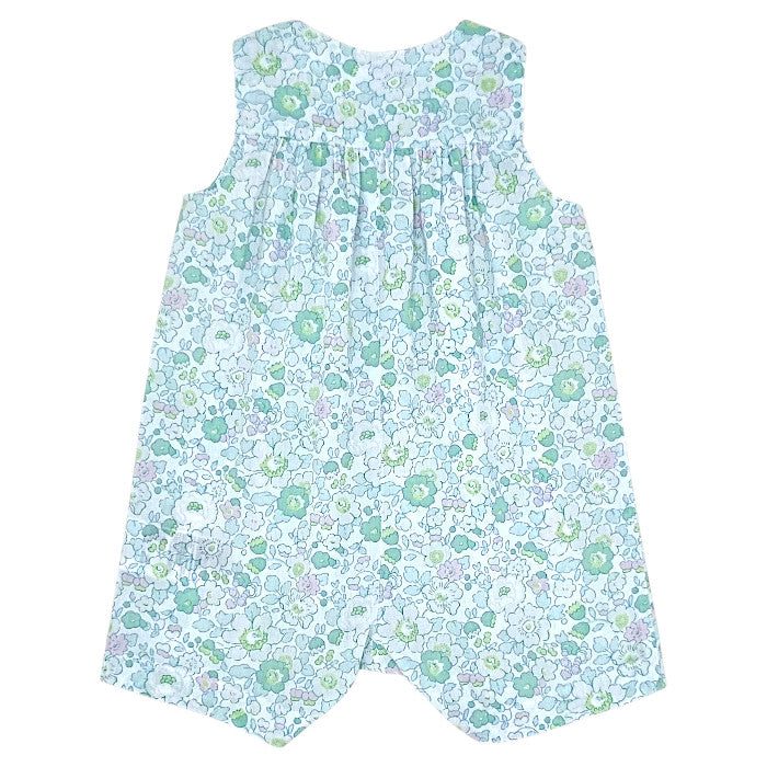 Combinaison bébé vert en tissu Liberty Jacadi, vue de dos, fille 6 mois