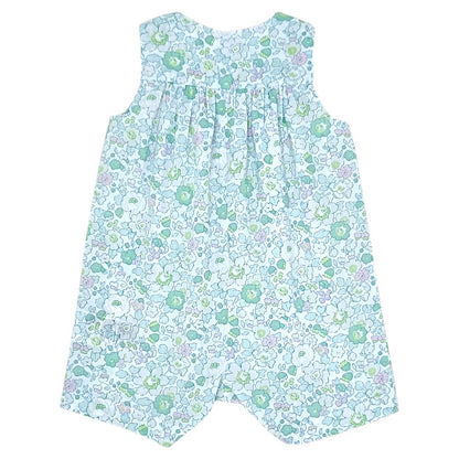 Combinaison bébé vert en tissu Liberty Jacadi, vue de dos, fille 6 mois