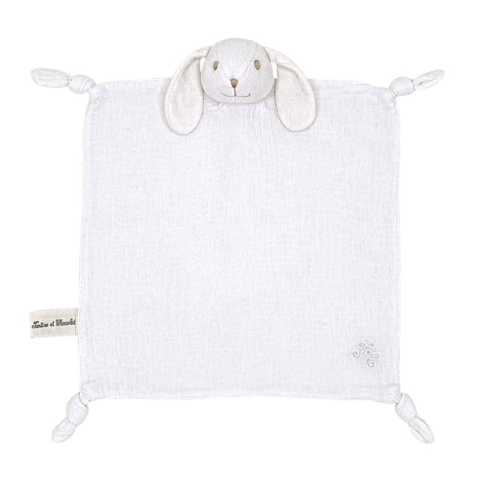 Doudou blanc Augustin le lapin coton bio, Tartine et Chocolat, vue de face, article d'occasion en état impeccable
