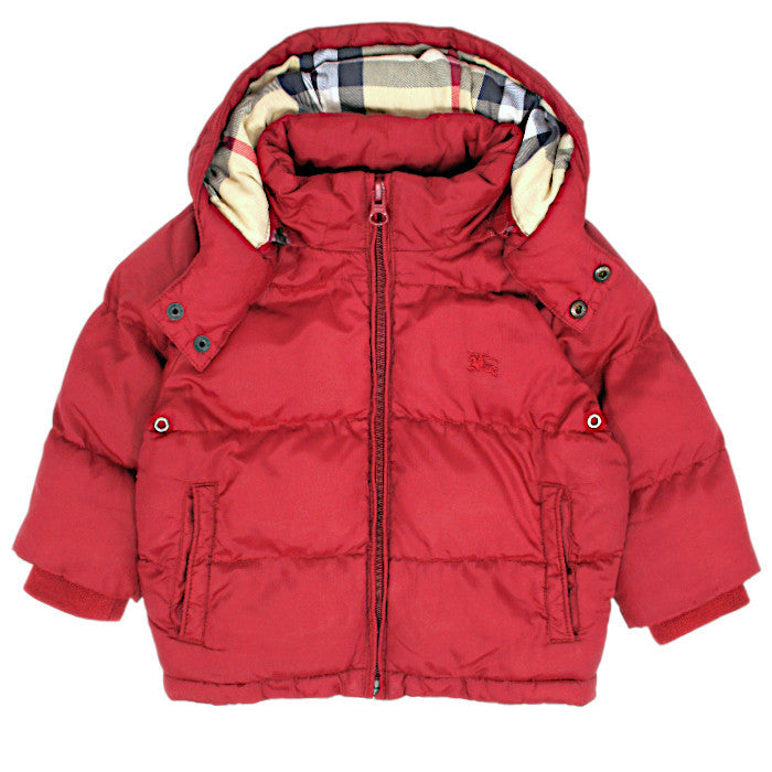 Doudoune bébé garçon rouge à capuche amovible, taille 12 mois, marque Burberry - seconde main luxe
