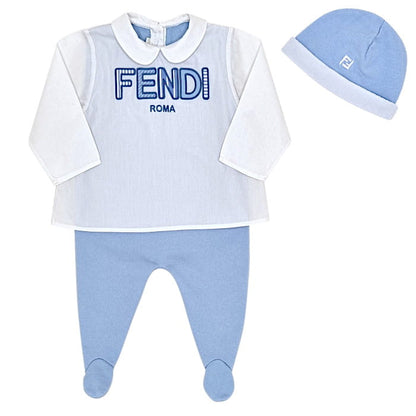 Ensemble pyjama et bonnet bleu, Fendi, 6 mois, vue de face, cadeau de naissance garçon luxe