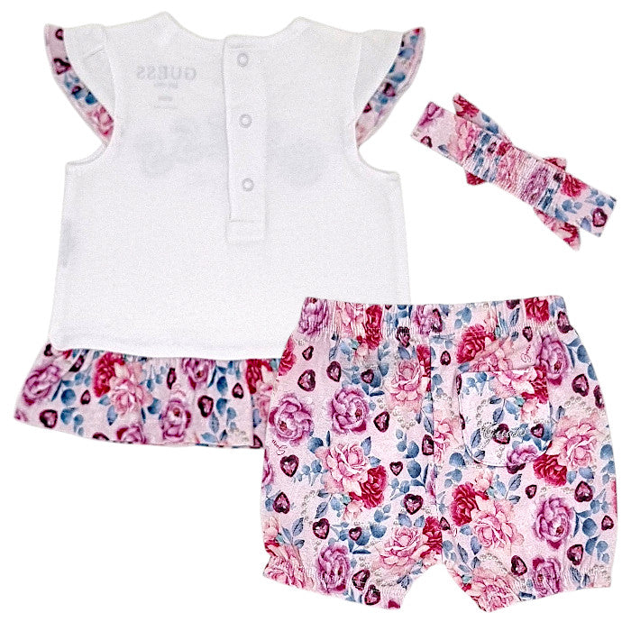 Ensemble bébé blanc/rose t-shirt et short Guess, vue de dos, fille 0-3 mois
