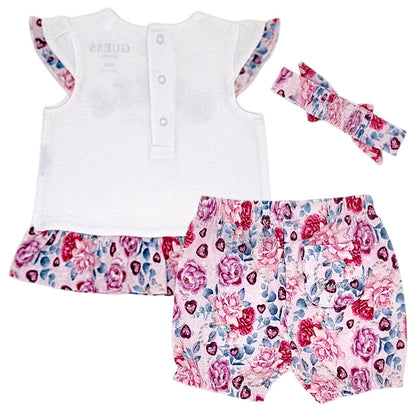Ensemble bébé blanc/rose t-shirt et short Guess, vue de dos, fille 0-3 mois