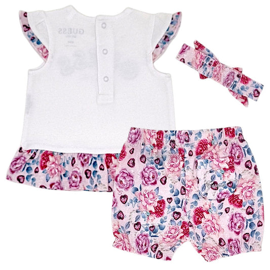 Ensemble bébé blanc/rose t-shirt et short Guess, vue de dos, fille 0-3 mois