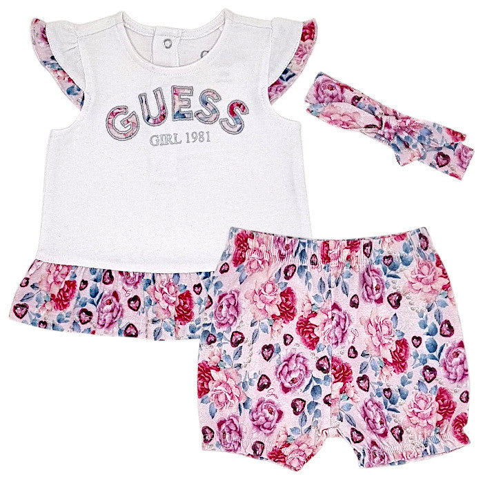Ensemble bébé fille Guess Baby, blanc/rose t-shirt et short, taille 0-3 mois, seconde main premium, vue de face