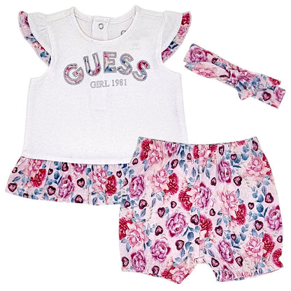 Ensemble bébé fille Guess Baby, blanc/rose t-shirt et short, taille 0-3 mois, seconde main premium, vue de face