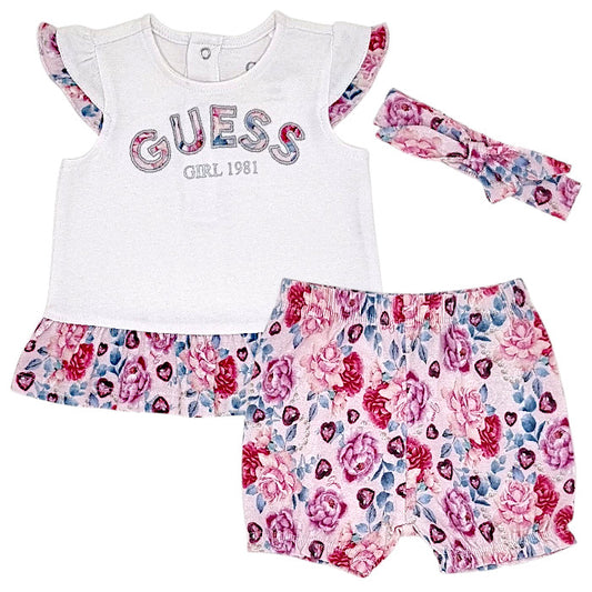 Ensemble bébé fille Guess Baby, blanc/rose t-shirt et short, taille 0-3 mois, seconde main premium, vue de face