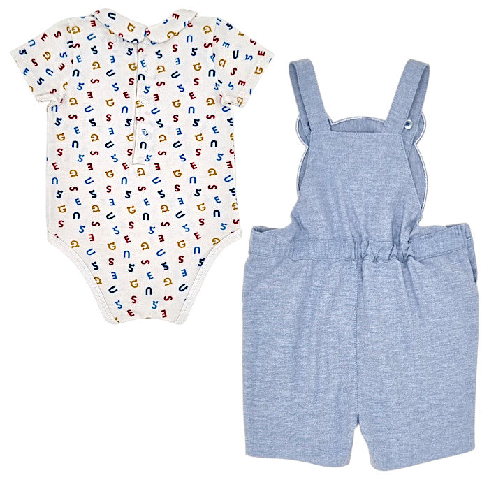 Ensemble bébé bleu body et salopette Guess, vue de dos, garçon 12 mois