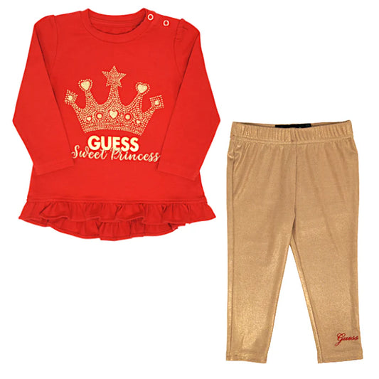 Ensemble bébé fille rouge/doré t-shirt et legging, taille 6-9 mois, marque Guess - seconde main premium