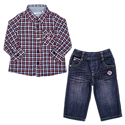 Ensemble chemise et pantalon denim, IKKS, pour bébé garçon 6 mois, vue de face, vêtement tendance de seconde main